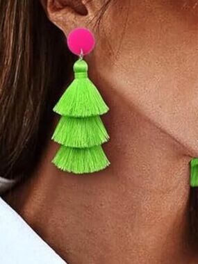 Neon Green Tiered Tassel Earrings with Hot Pink Stud